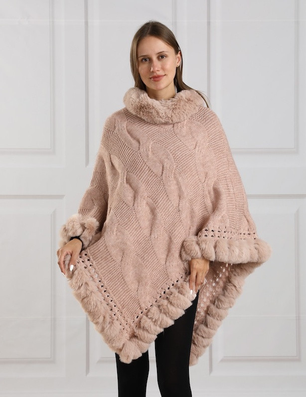 Knit Poncho with Fur Trim Detail - Pink